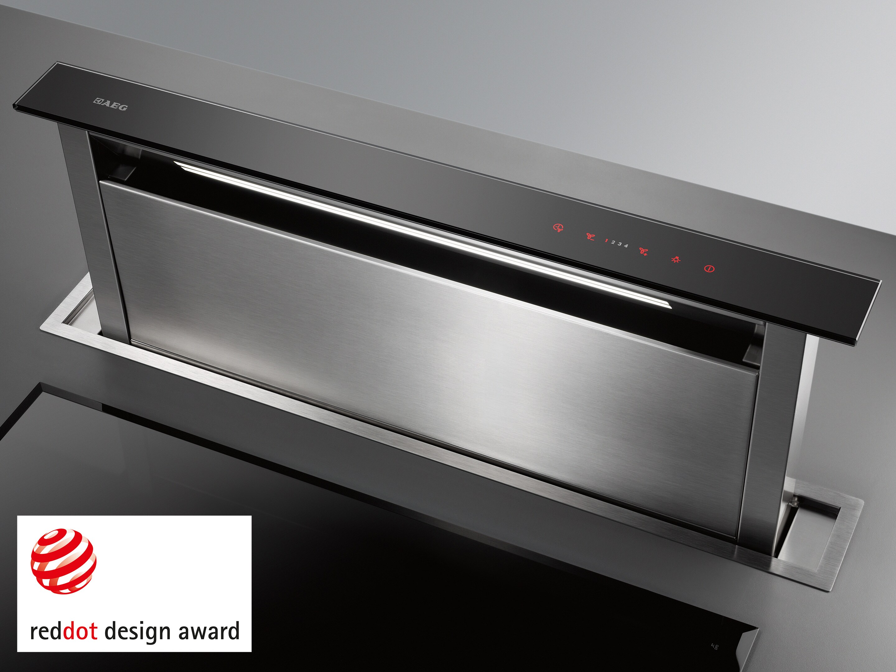 A stylish extended cooker hood from AEG, which reclines back into your kitchen unit