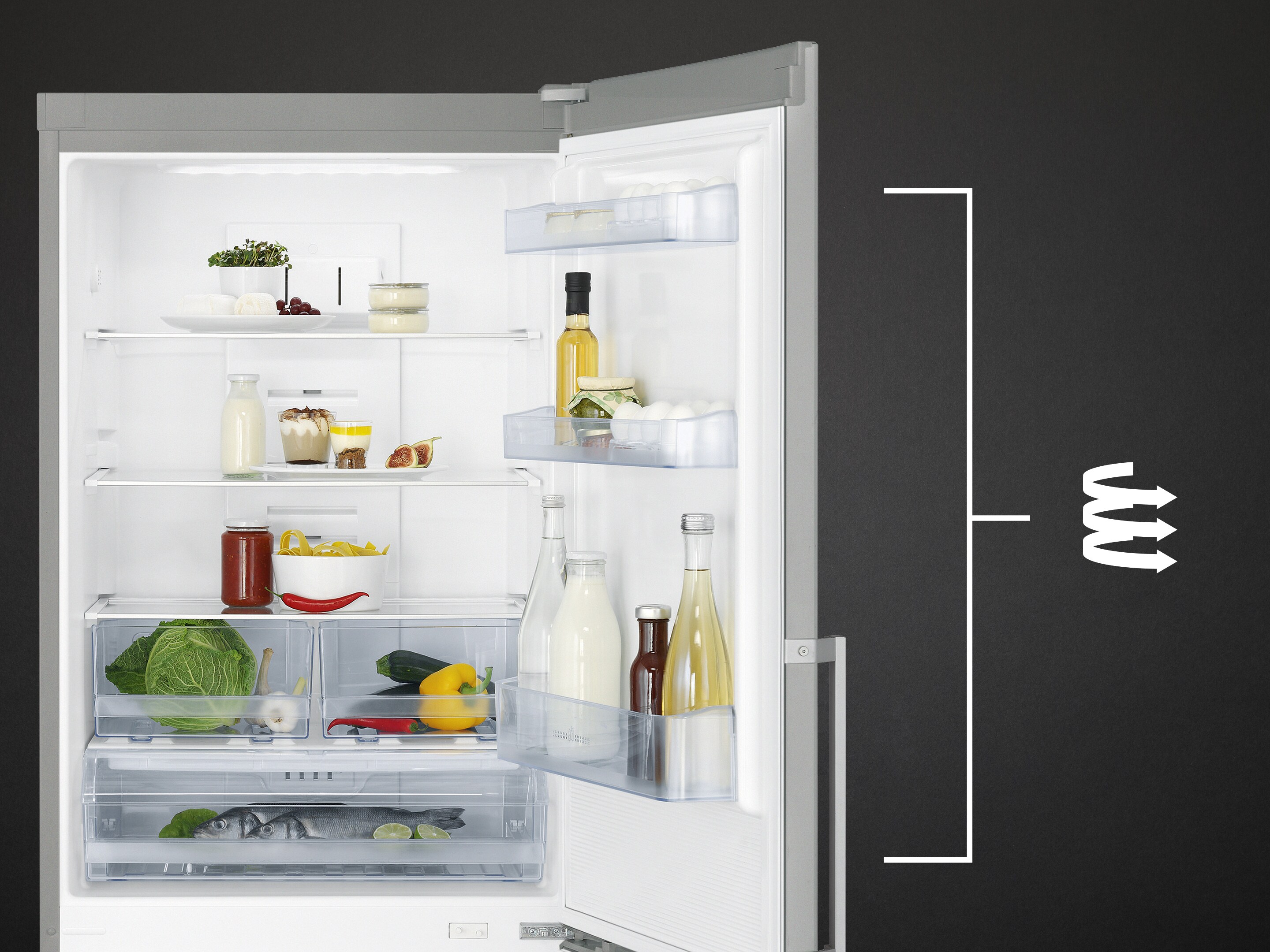 An open ProFresh fridge freezer with a diagram of how the MultiFlow system keeps all shelves the same temperature