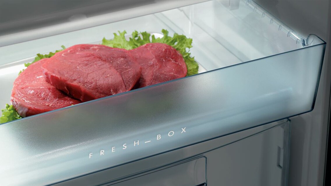 A piece of steak being kept cool and fresh in one of the large drawers of the ProFresh fridge freezer