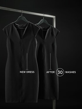 A black dress before and after 30 washes with no visible colour fade
