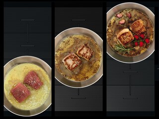 A diagram showing the temperature change in a sizzling pan on meat and vegetables when moving it across PowerSlide