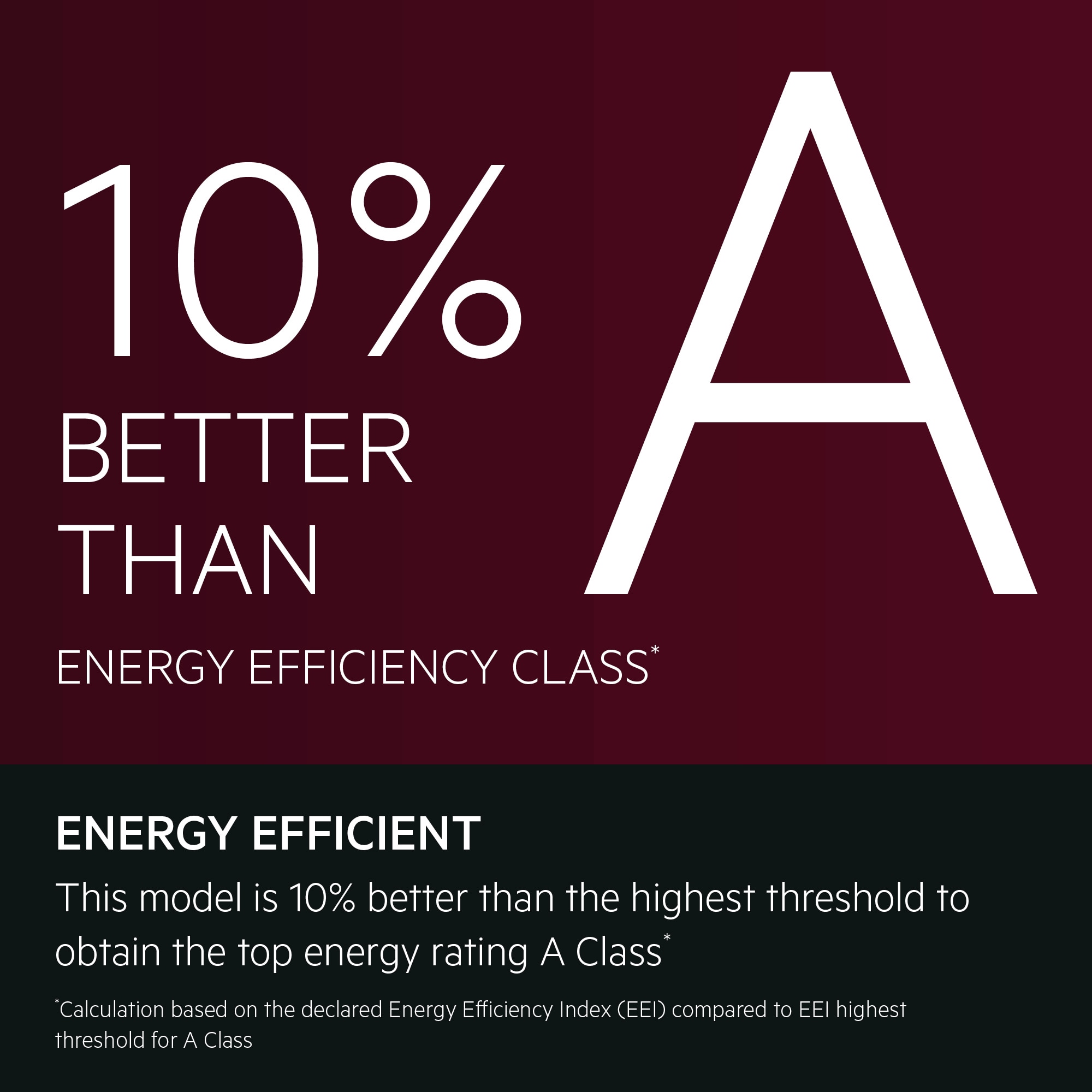 Energy Efficient.This model is 10% better than the highest threshold to obtain the top energy rating A Class*. *Calculation based on the declared Energy Efficiency Index (EEI) compared to EEI highest threshold for A Class.  