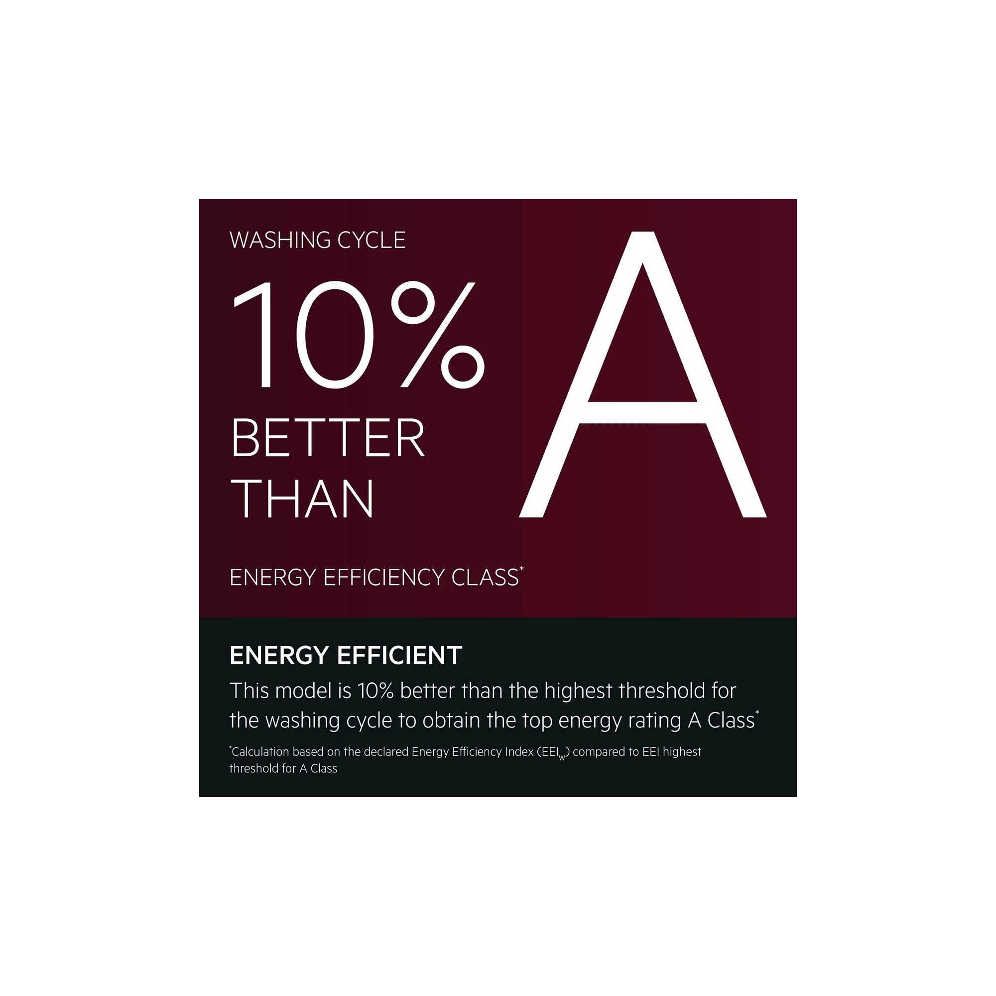 Energy Efficient. This model is 10% better than the highest threshold for the washing cycle to obtain the top energy rating A Class*. *Calculation based on the declared Energy Efficiency Index (EEIW) compared to EEI highest threshold for A Class.