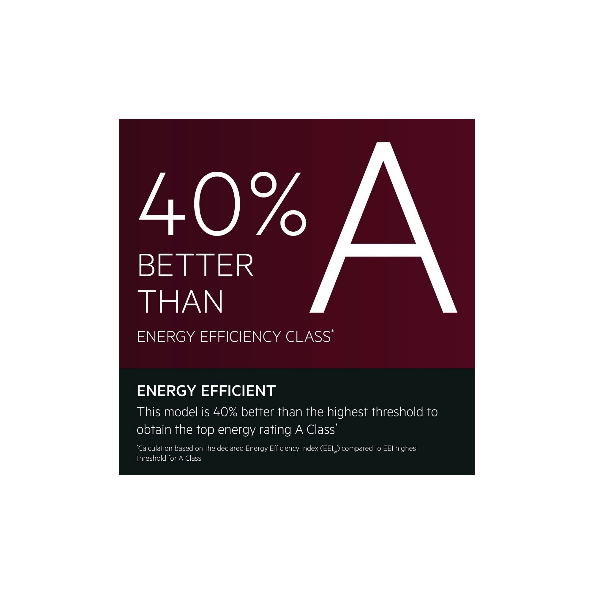 Energy Efficient.This model is 40% better than the highest threshold for the washing cycle to obtain the top energy rating A Class*.*Calculation based on the declared Energy Efficiency Index (EEIW) compared to EEI highest threshold for A Class.