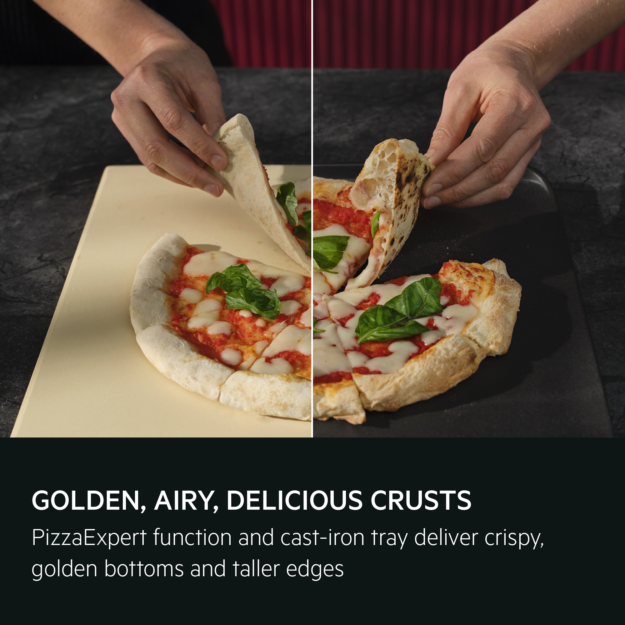 Two different pizzas shown with different results baked on different trays