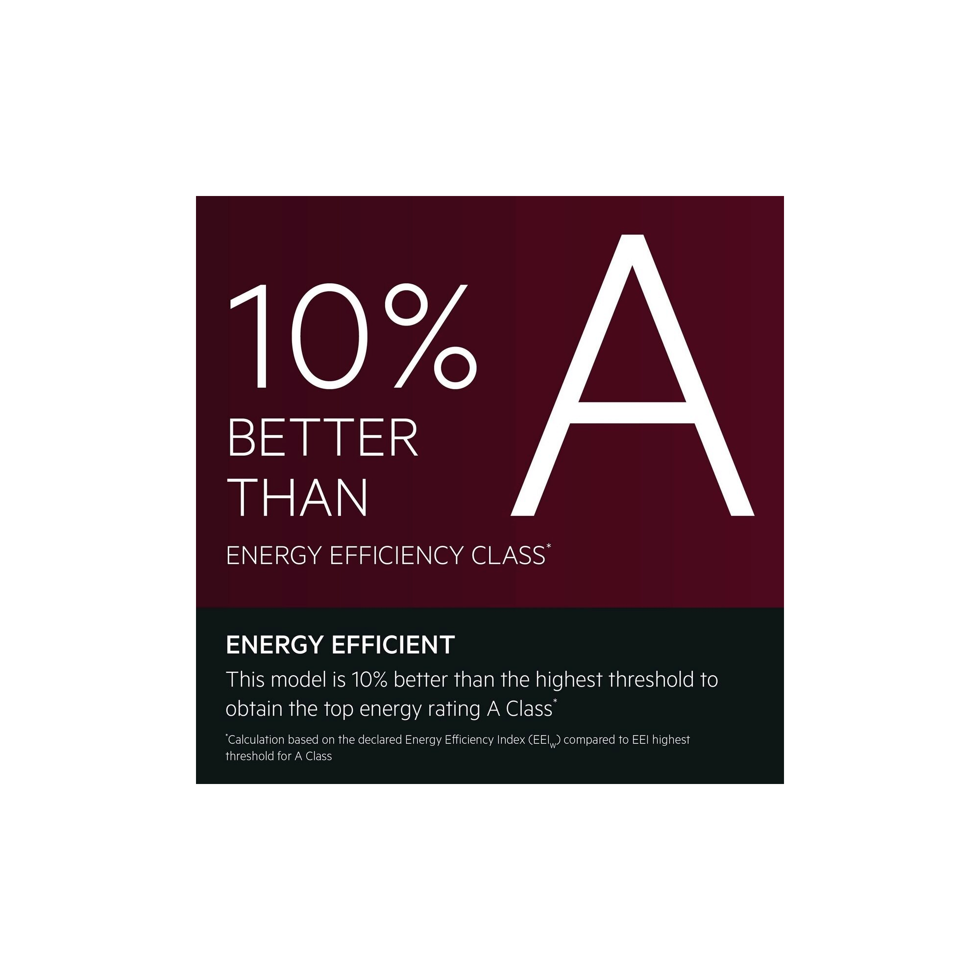 Energy Efficient.This model is 10% better than the highest threshold for the washing cycle to obtain the top energy rating A Class*.*Calculation based on the declared Energy Efficiency Index (EEIW) compared to EEI highest threshold for A Class.