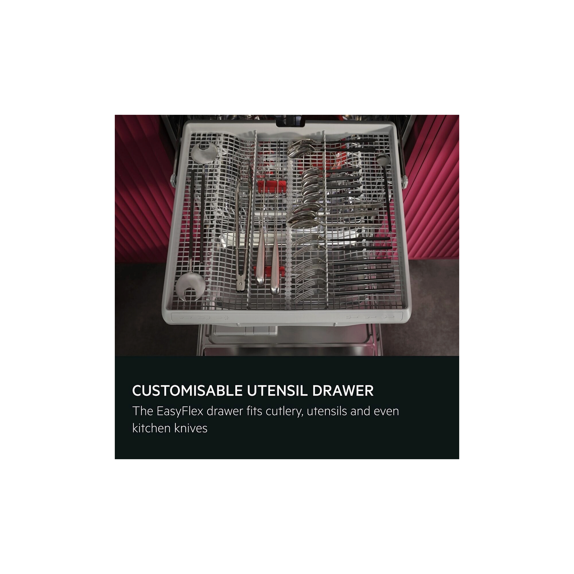 Customisable utensil drawer. The EasyFlex drawer fits cutlery, utensils and even kitchen knives