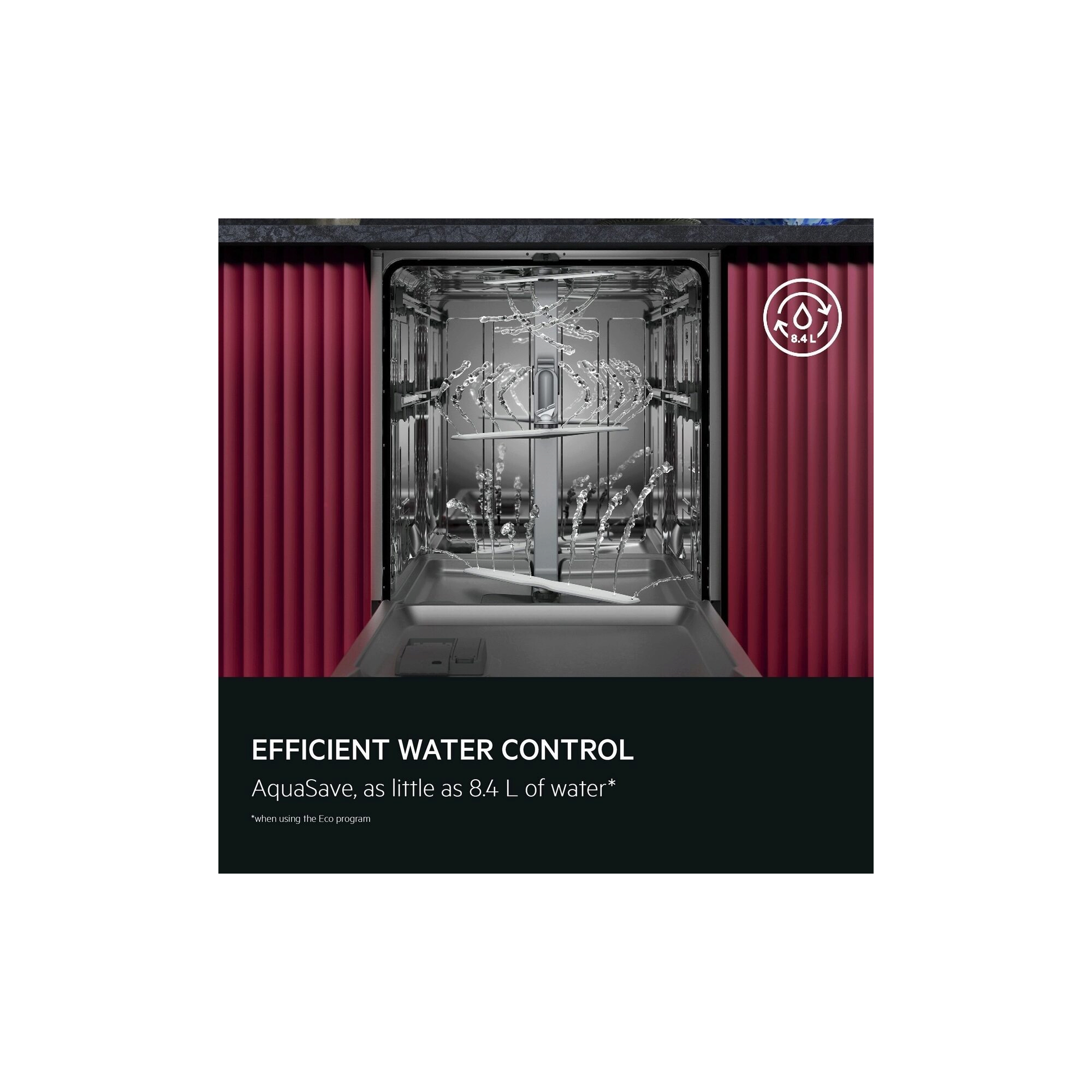 Efficient water control. AquaSave: As little as 8.4 L of water. Disclaimer: When using the ECO programme. 