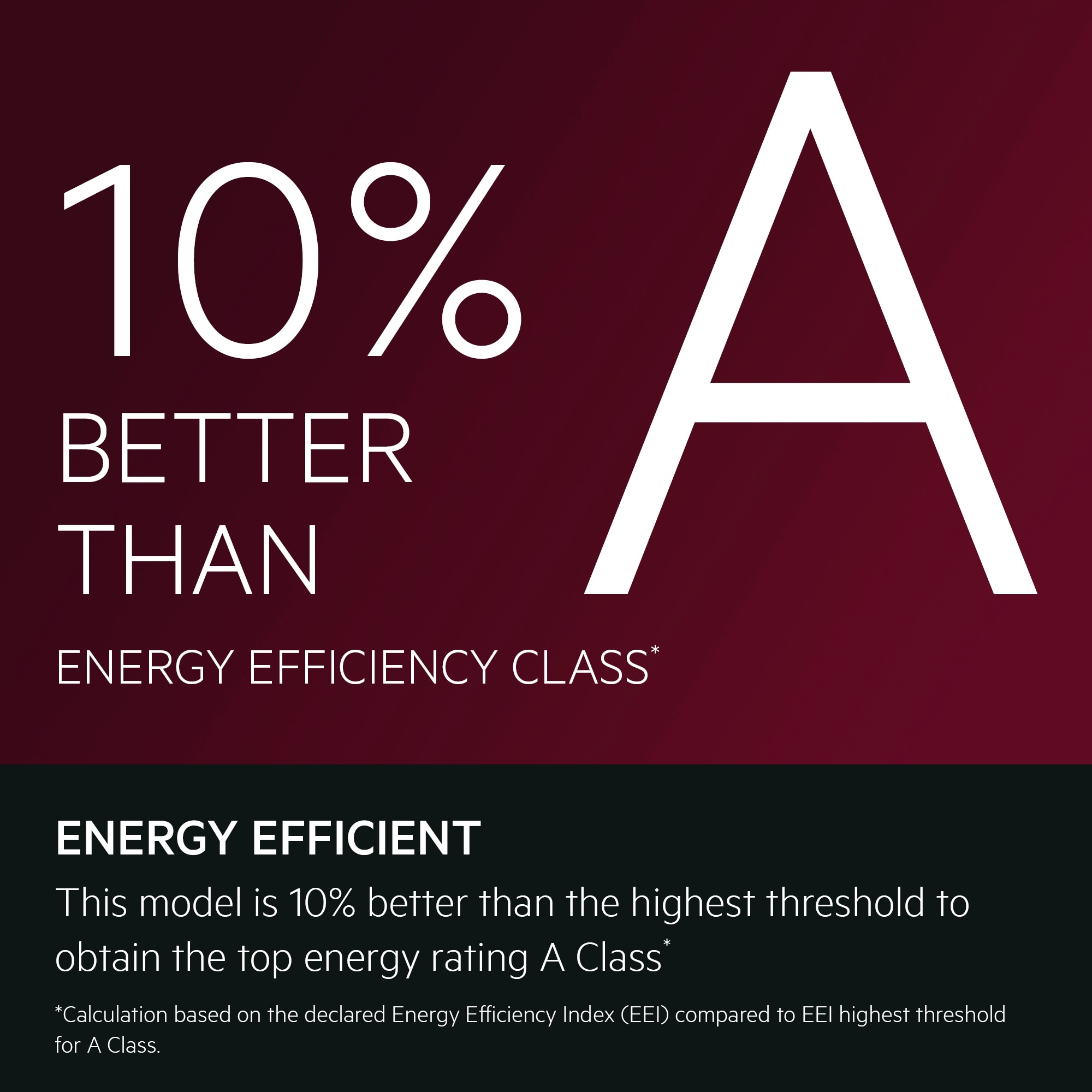 Energy Efficient. This model is 10% better than the highest threshold to obtain the top energy rating A Class*. *Calculation based on the declared Energy Efficiency Index (EEI) compared to EEI highest threshold for A Class.