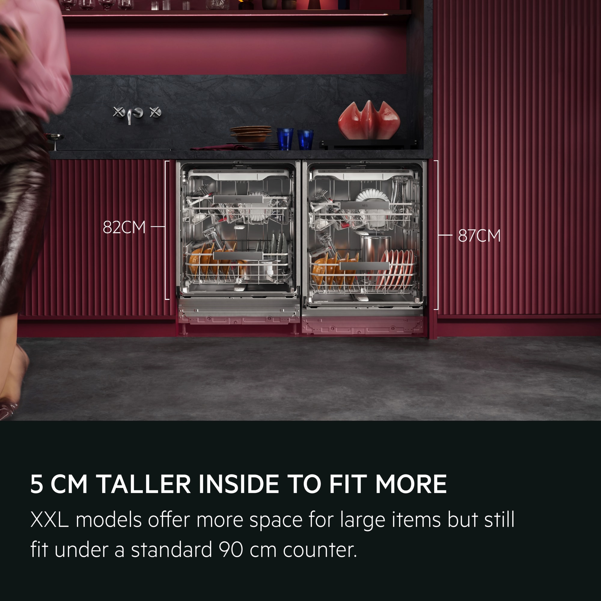 5 cm taller inside to fit more. XXL models offer more space for large items but still fit under a standard 90 cm counter.