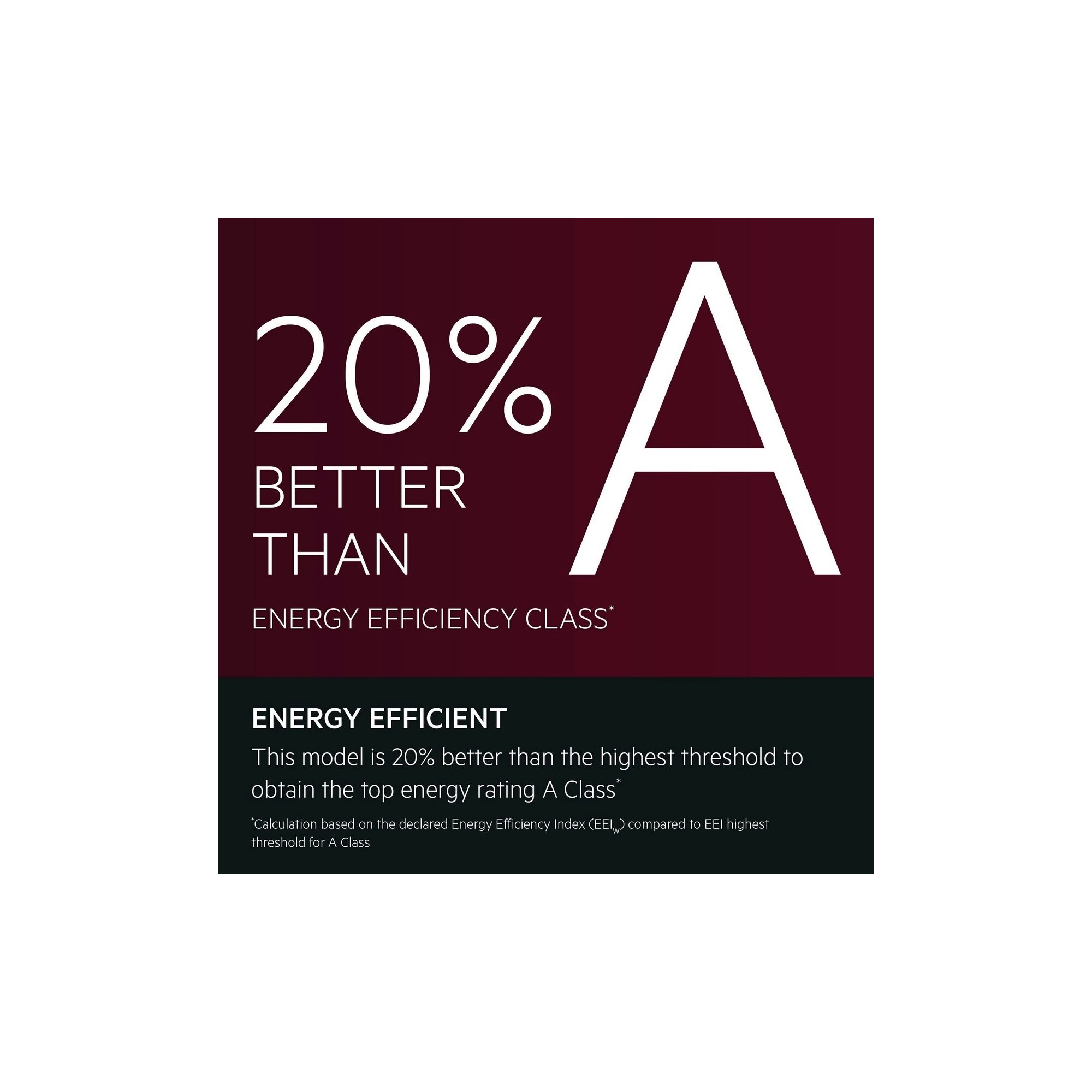 Energy Efficient.This model is 20% better than the highest threshold for the washing cycle to obtain the top energy rating A Class*.*Calculation based on the declared Energy Efficiency Index (EEIW) compared to EEI highest threshold for A Class.