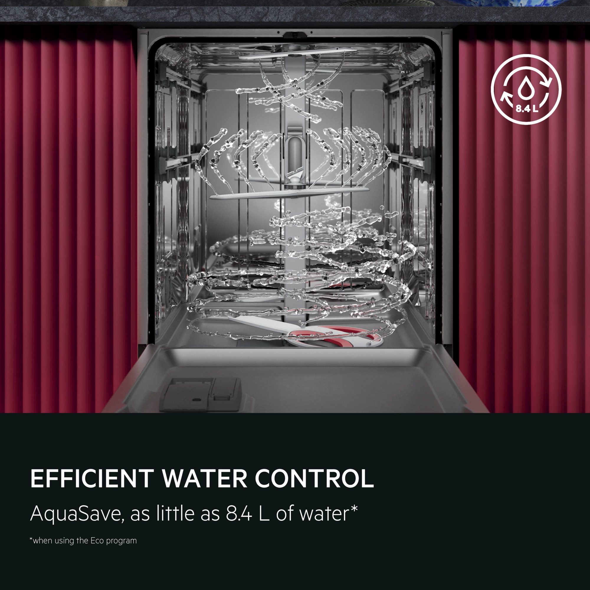 Efficient water control. AquaSave: As little as 8.4 L of water. Disclaimer: When using the ECO programme. 