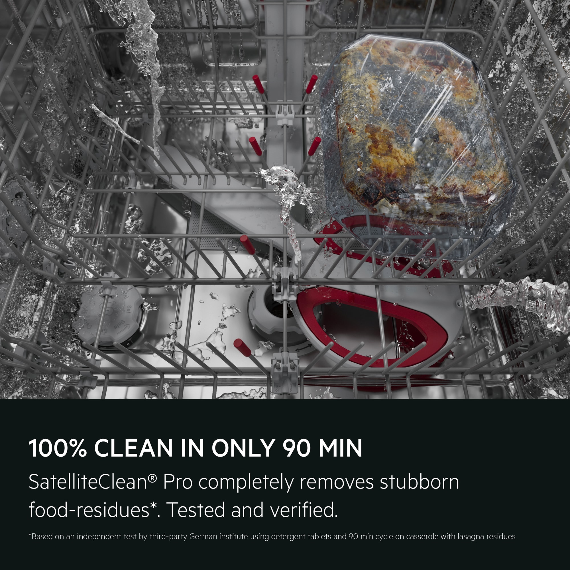 100% CLEAN IN ONLY 90 MIN. SatelliteClean® Pro completely removes stubborn food-residues*. Tested and verified.
*Based on an independent test by third-party German institute using detergent tablets and 90 min cycle on casserole with lasagna residues