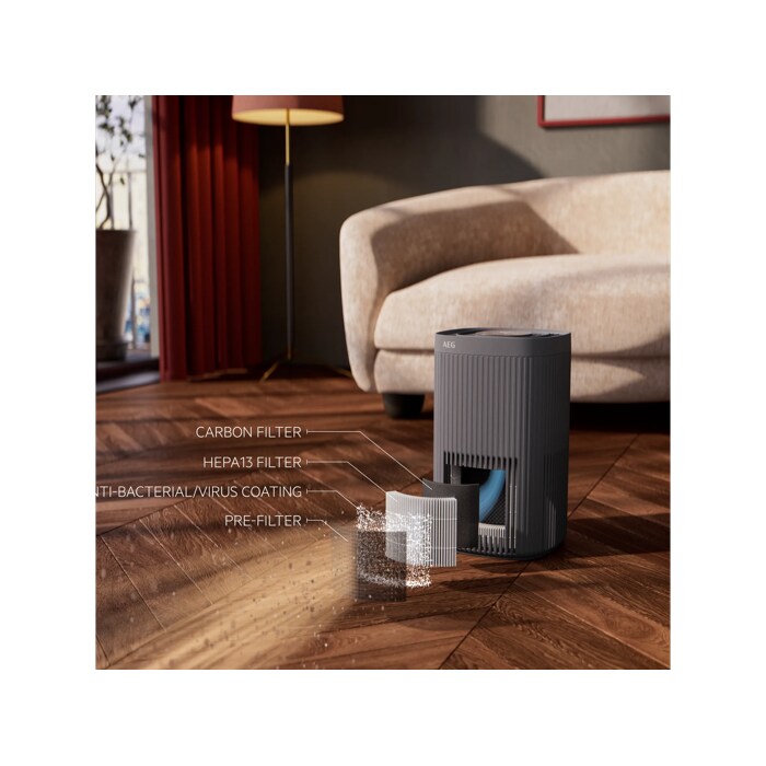 Filters up to 99.99% of airborne pollutants with particle filtration