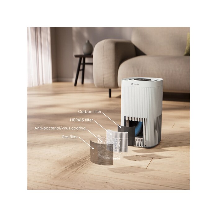Filters up to 99.99% of airborne pollutants with particle filtration