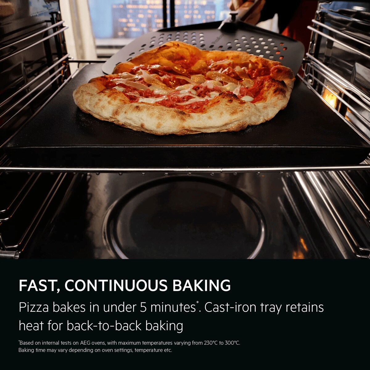 A neapolitan pizza baking inside the pizza expert oven with a pizza peel underneath