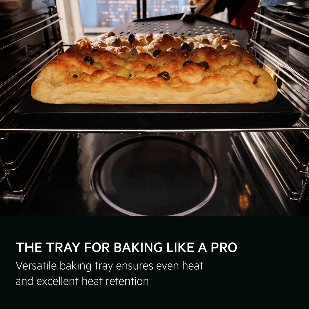 A focaccia baking inside the pizza expert oven 
