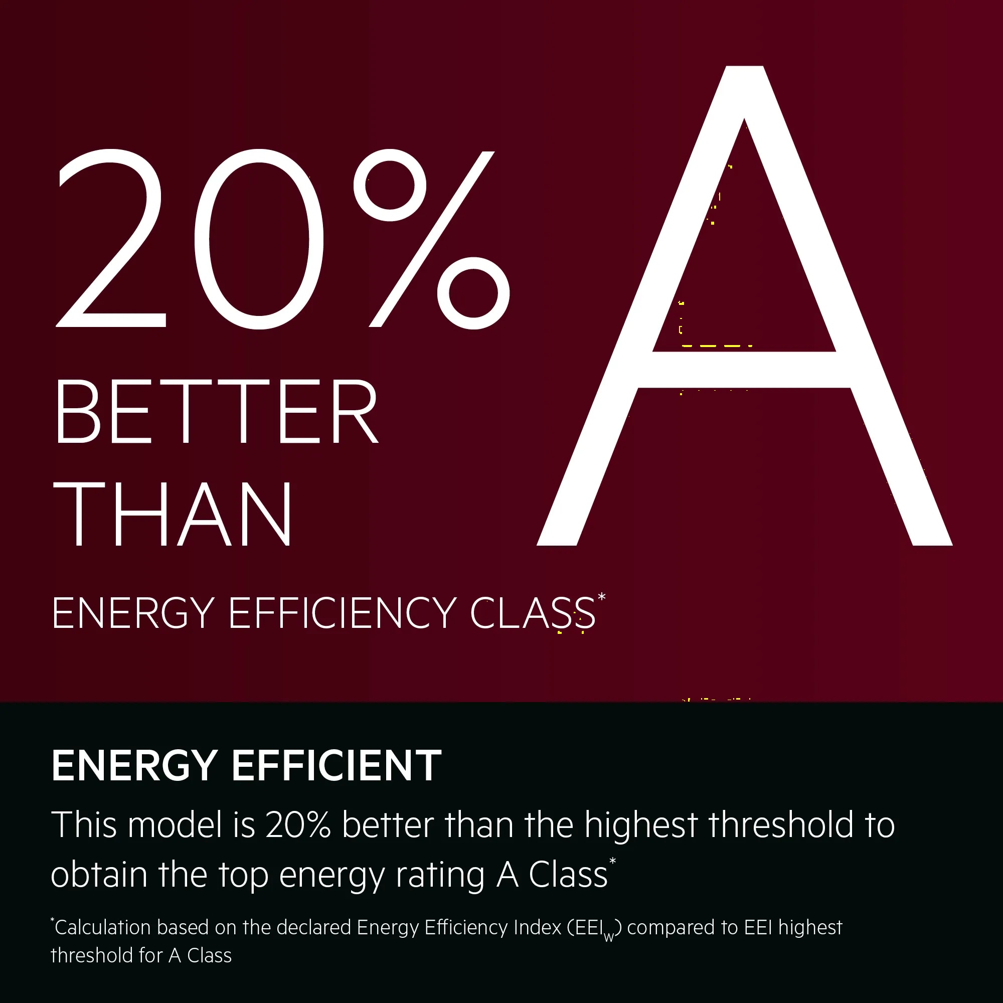 Energy Efficient.This model is 20% better than the highest threshold for the washing cycle to obtain the top energy rating A Class*.*Calculation based on the declared Energy Efficiency Index (EEIW) compared to EEI highest threshold for A Class.