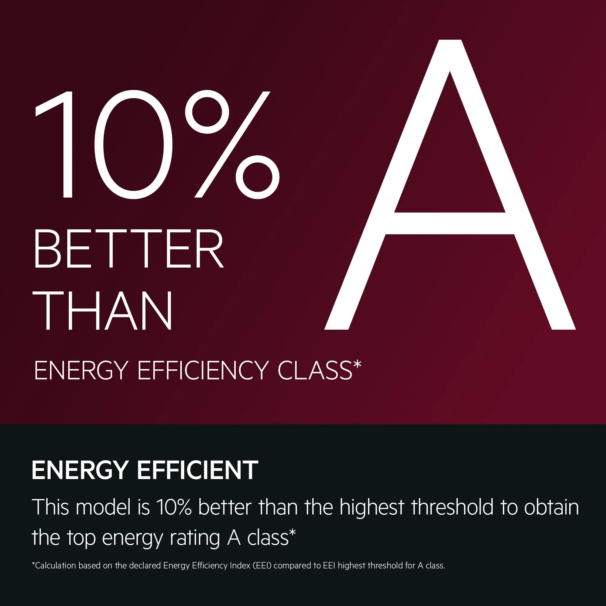 Energy Efficient. This model is 10% better than the highest threshold to obtain the top energy rating A Class*. *Calculation based on the declared Energy Efficiency Index (EEI) compared to EEI highest threshold for A Class.
