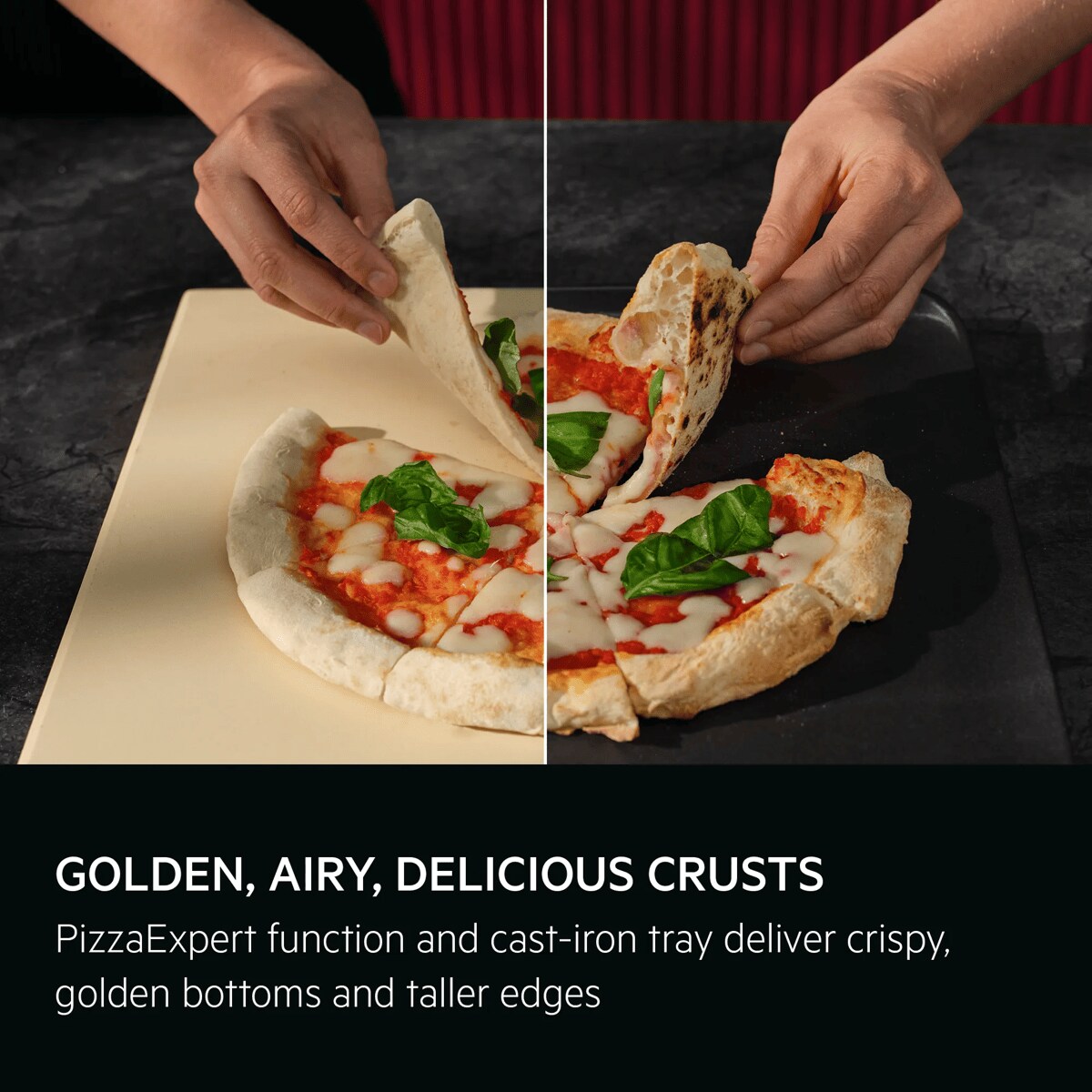 Two different pizzas shown with different results baked on different trays