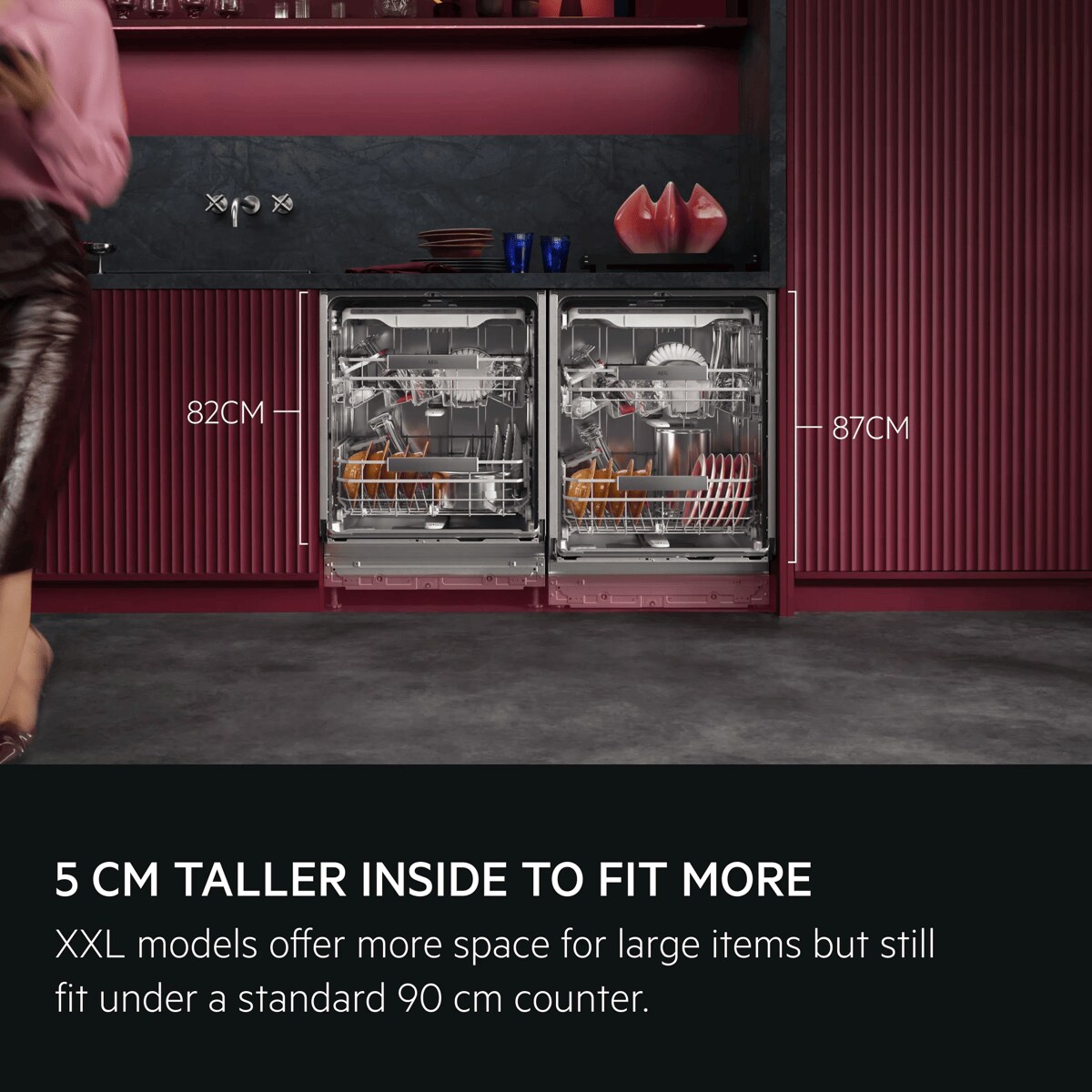 5 cm taller inside to fit more. XXL models offer more space for large items but still fit under a standard 90 cm counter.
