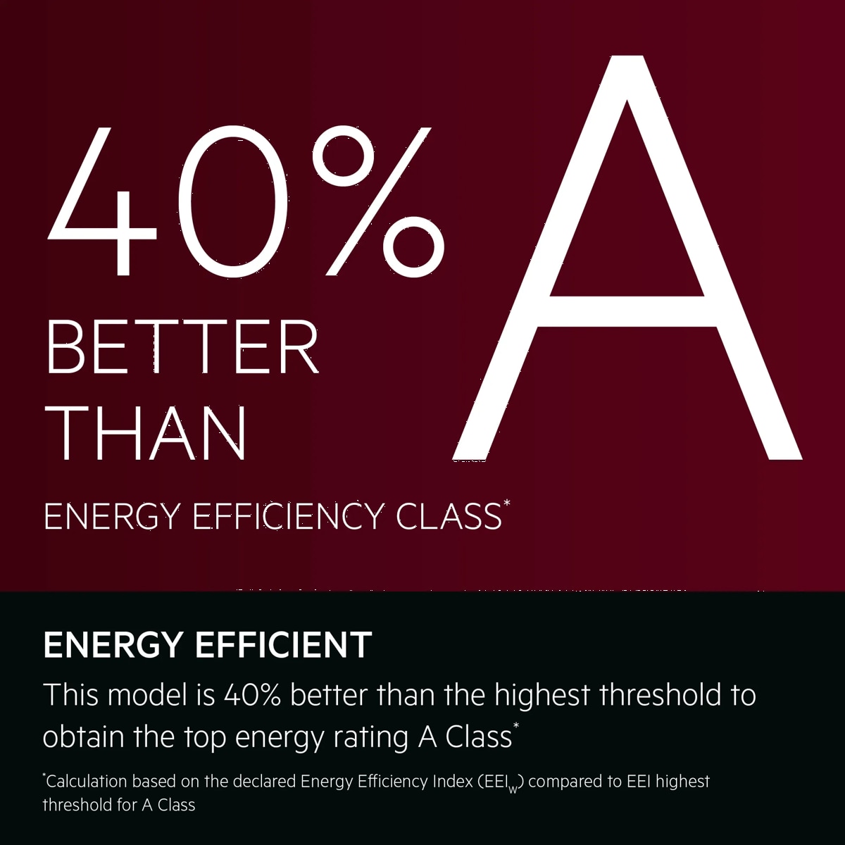 Energy Efficient.This model is 40% better than the highest threshold for the washing cycle to obtain the top energy rating A Class*.*Calculation based on the declared Energy Efficiency Index (EEIW) compared to EEI highest threshold for A Class.