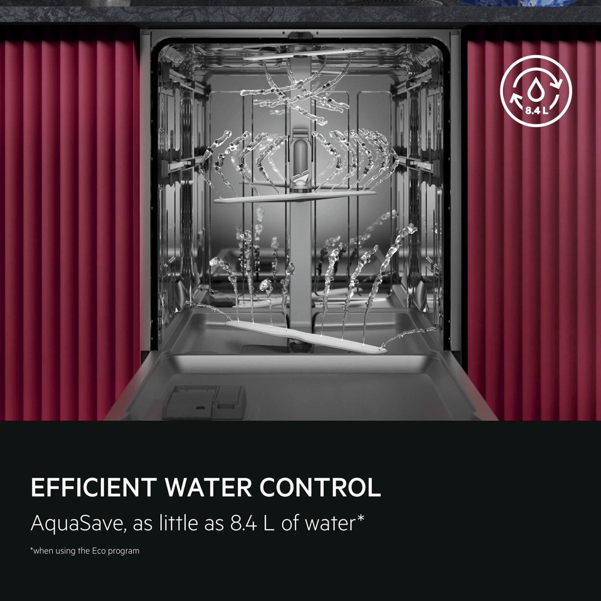 Efficient water control. AquaSave: As little as 8.4 L of water. Disclaimer: When using the ECO programme. 