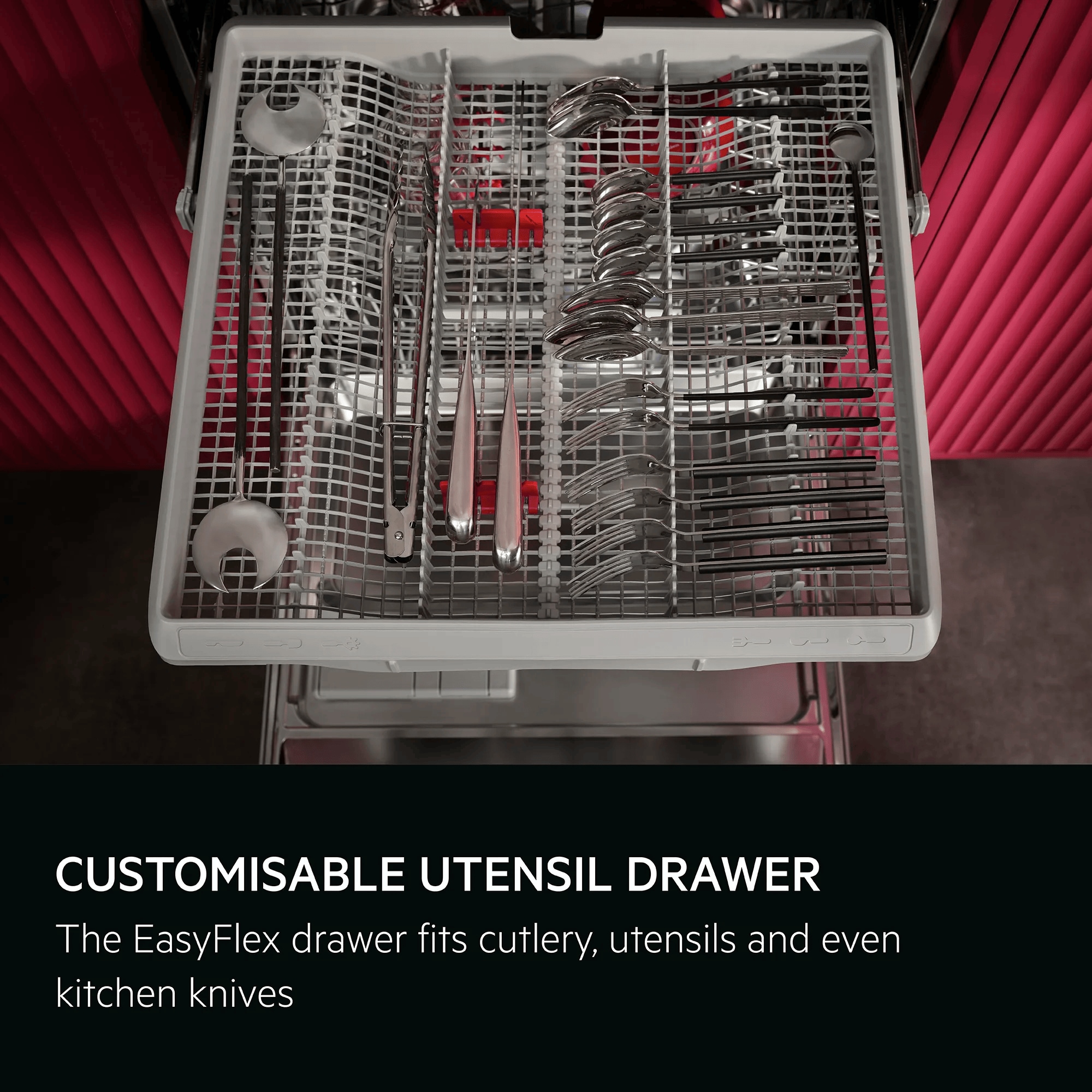 Customisable utensil drawer. The EasyFlex drawer fits cutlery, utensils and even kitchen knives