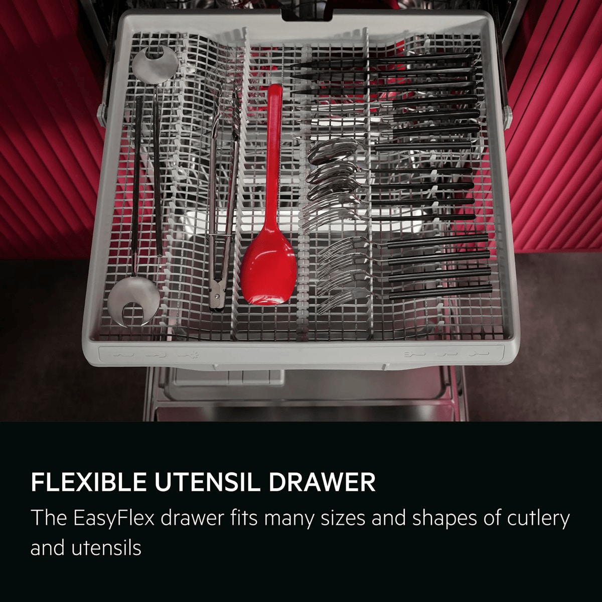 Flexible utensil drawer. The EasyFlex drawer fits many sizes and shapes of cutlery and utensils.