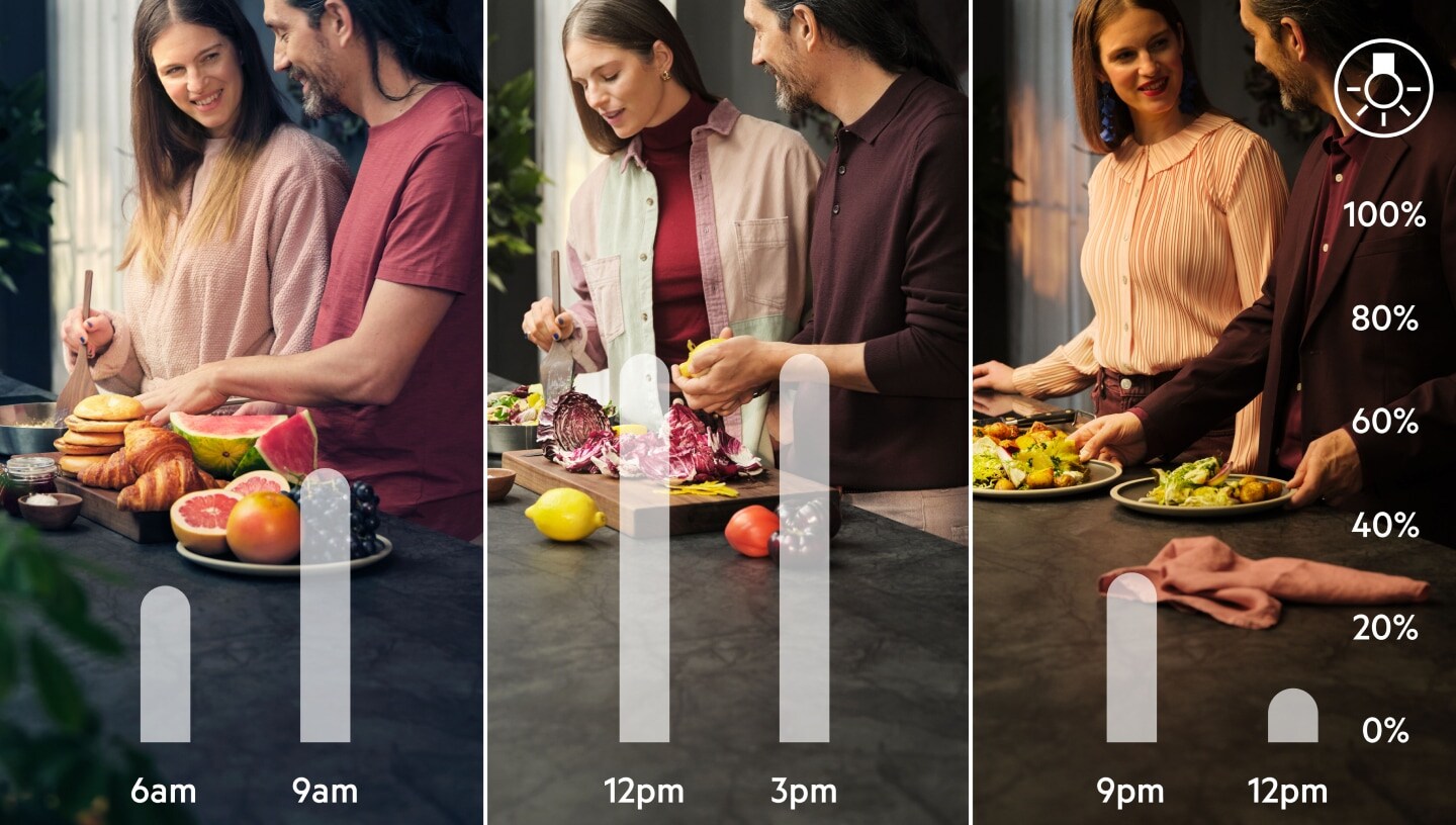 Collage of three different images of a couple in a kitchen.