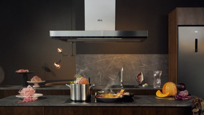 Island hood in kitchen