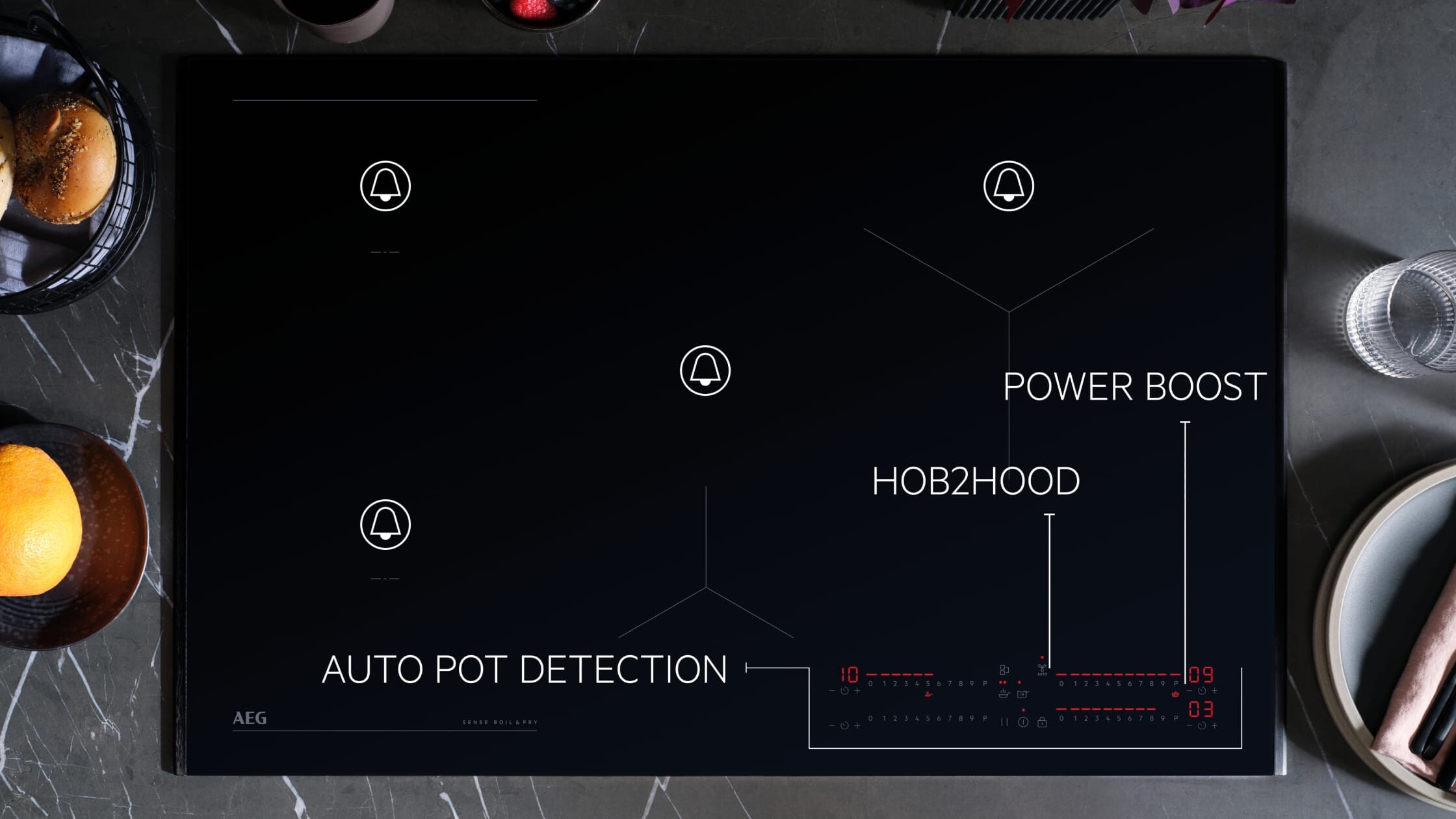 Different functions displayed on an induction hob.