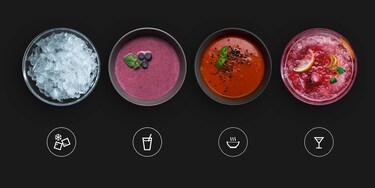 glasses with ice, smoothie, drinks and soup