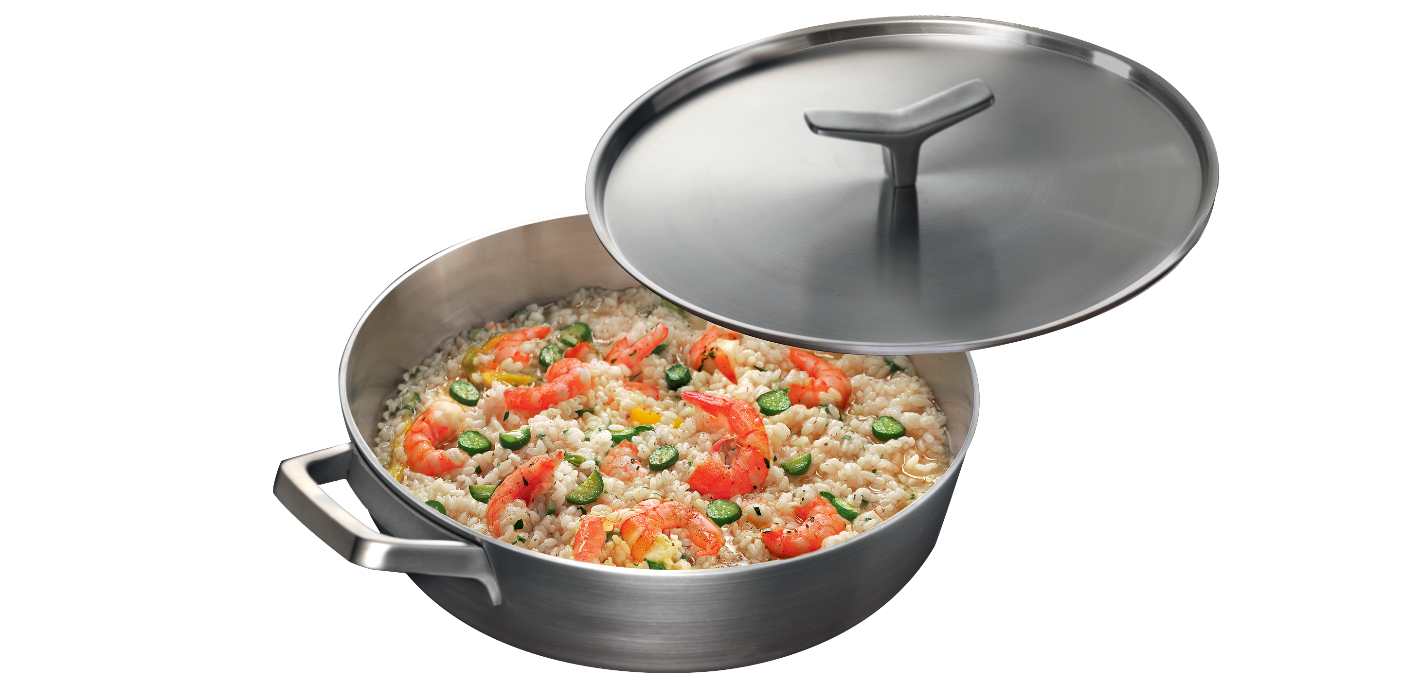 A Low Casserole pan containing prawn risotto