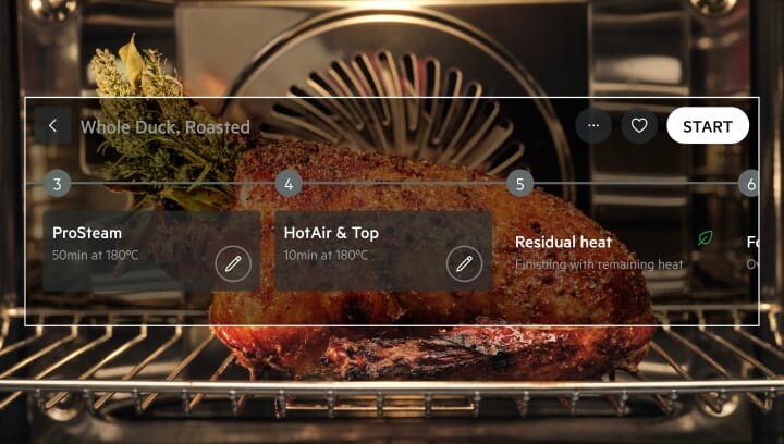 The assisted cooking menu displayed in front of meal preparation in an oven.