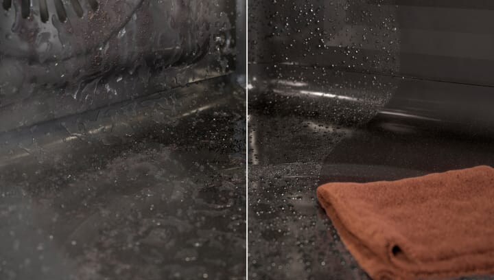 A dirty oven is being cleaned with steam.