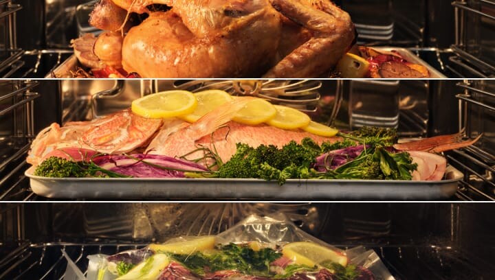 Food is being prepared in an oven.