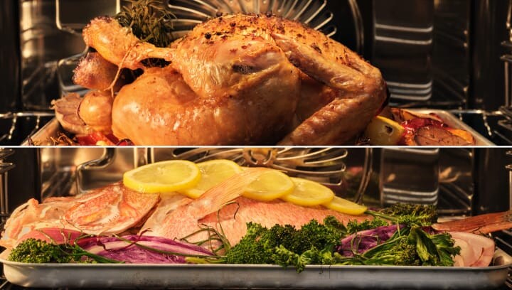 Food is being prepared in an oven.