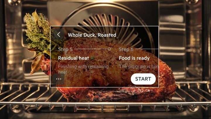 The assisted cooking menu displayed in front of meal preparation in an oven.