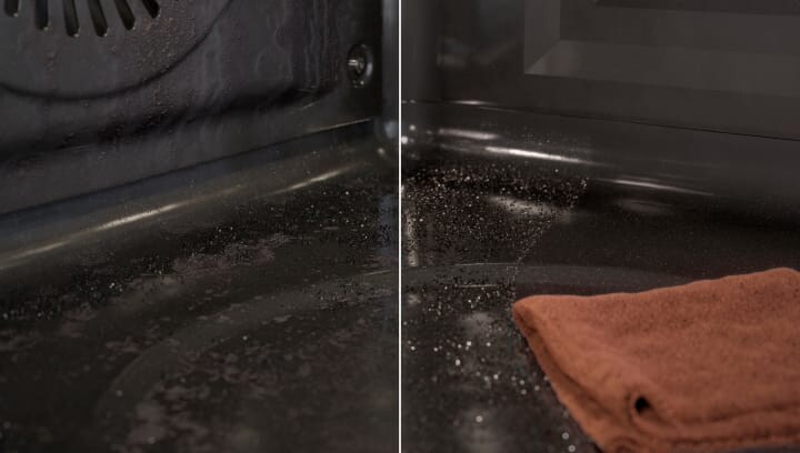 A dirty oven is being cleaned with pyrolytic cleaning.
