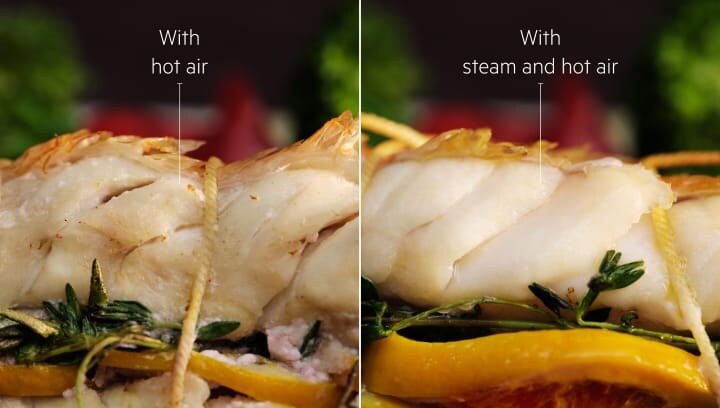 The left side of the image shows cooking with only hot air and the right side of the image shows cooking with hot air and steam. 