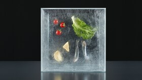 A block of ice with chilled ingredients inside to represent the Chill pillar of Taking Taste Further