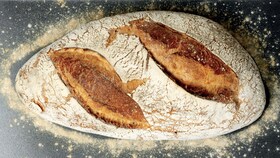 A rustic loaf of bread baked to perfection with steam