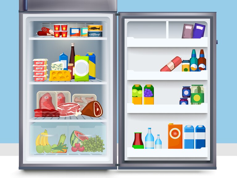 an open fridge showing contents 
