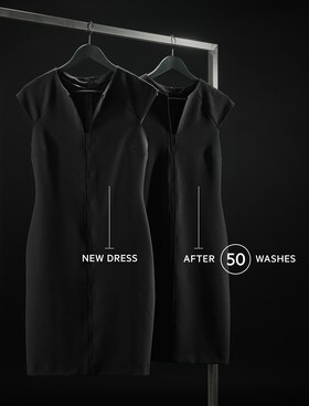 A black dress before and after 30 washes with no visible colour fade